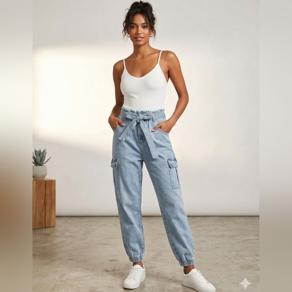 Rue21 Light Wash Blue Denim Cargo Jumpsuit